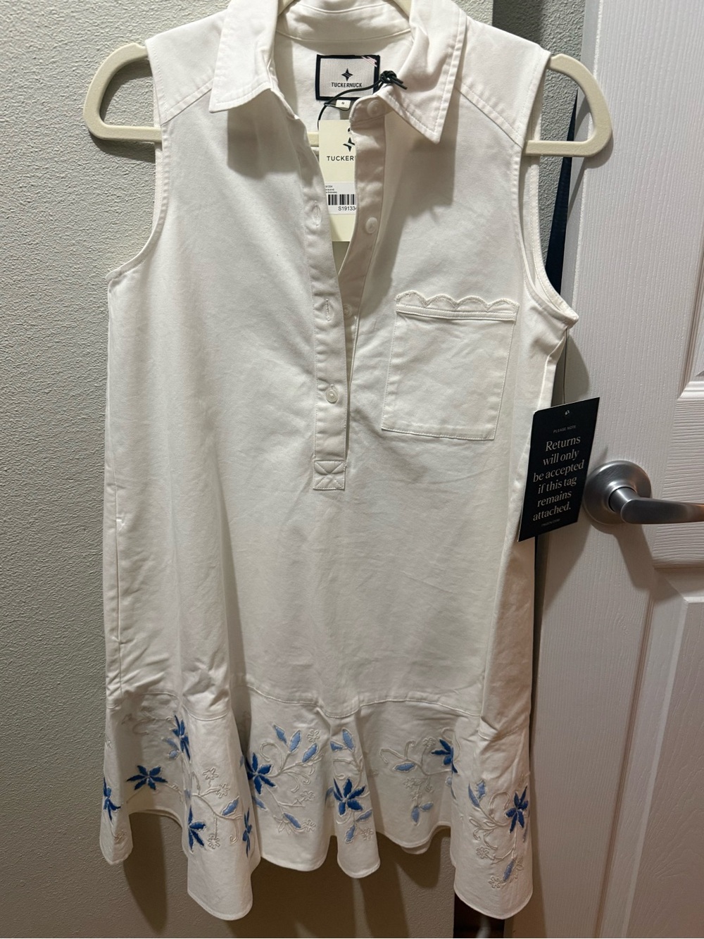 Tuckernuck White Sleeveless Polo Dress with Blue Floral Embroidery